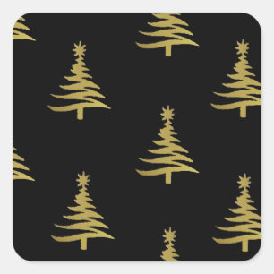 Sticker Carré Sapins de Noël Or sur Fond Noir