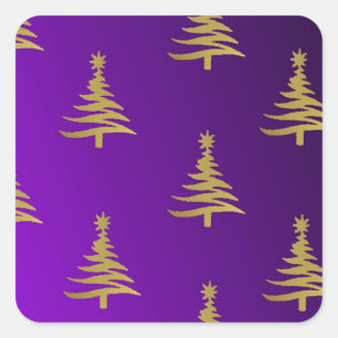 Sticker Carré Sapins de Noël Or sur Violet