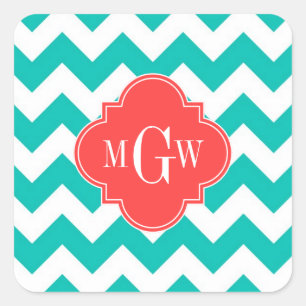 Sticker Carré Sarcelle Blanc Chevron Corail Quatrefeuille 3 Mono