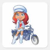 Sticker Carré Sassy Biker Girl avec cheveux rouges et moto (Devant)