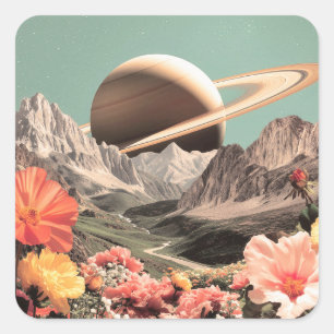 Sticker Carré Saturne surréaliste sur la vallée de montagne