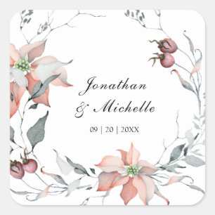 Sticker Carré Saumon de Noël d'hiver Poinsettia Mariage d'argent