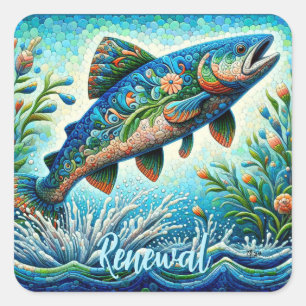 Sticker Carré Saumon Saut Mosaïque Floral Blue Green Peach