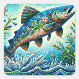 Sticker Carré Saumon Saut Mosaïque Floral Blue Green Peach