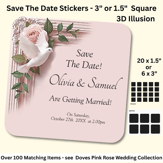 Sticker Carré Save The Date - Pink Roses & Doves Wedding