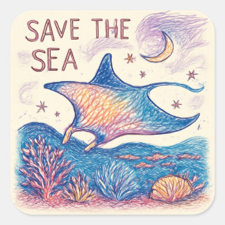 Sticker Carré Save the Sea - Color Pencil Ocean Art