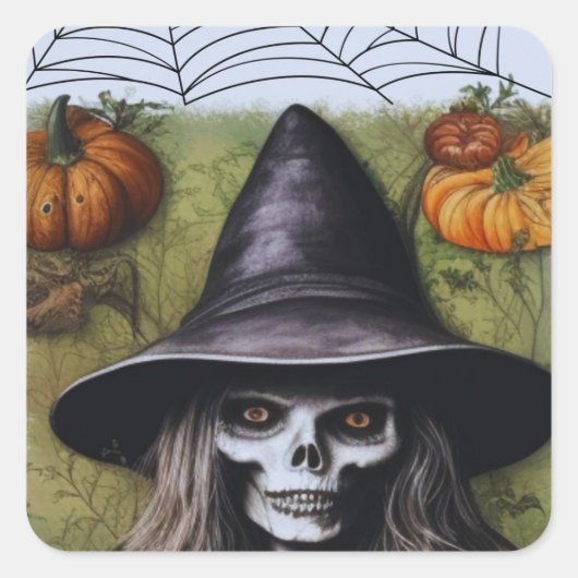Sticker Carré Scary Skeleton Witch pour une fête d'Halloween Dép (Devant)