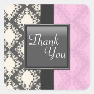 Sticker Carré Sceau de Merci - Rose clair et blanc Mariage damas