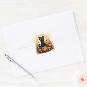 Sticker Carré Sceau d'enveloppe de chaton mignon et Jack-O-lante