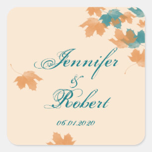 Sticker Carré Sceau d'enveloppe d'érable d'automne Orange Aqua