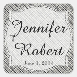 Sticker Carré Sceau d'enveloppe Mariage noir blanc Herringbone