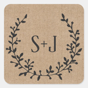 Sticker Carré Sceau Mariage à couronne noire rustique Burlap