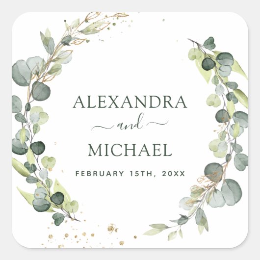 Sticker Carré Sceau mariage Eucalyptus Vert Succulent (Devant)