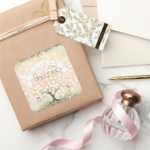 Sticker Carré Sceau Mariage Pinkish Coral Swirl Heart Leaf Tree