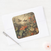 Sticker Carré Scène botanique vintage d'hummingbirdet de fleurs (Enveloppe)
