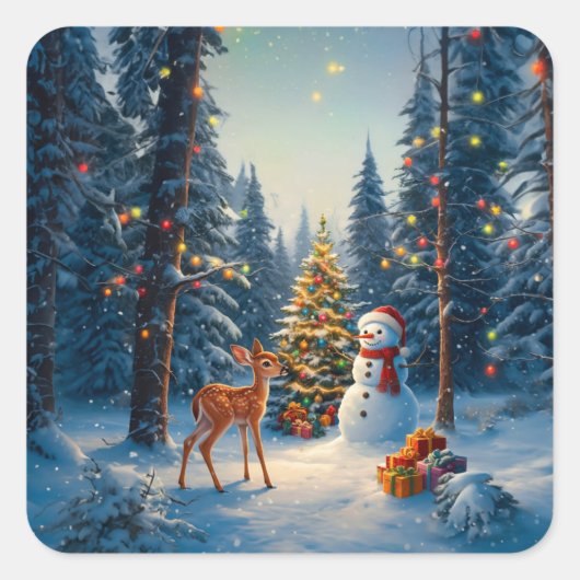Sticker Carré Scene d'arbre de Noël Cute Deer Fawn Snowman (Devant)