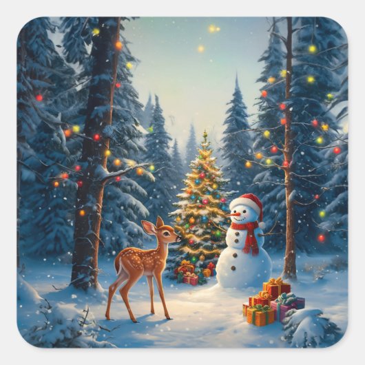 Sticker Carré Scene d'arbre de Noël Cute Deer Fawn Snowman (Devant)