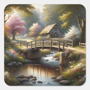 Sticker Carré Scène de cottage printanier Cottagecore