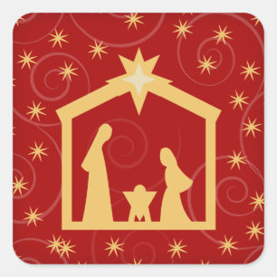 Sticker Carré Scène de fête rouge de nativité de Noël