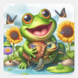 Sticker Carré Scène de la grenouille souriante et de la tortue d