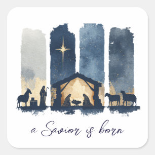 Sticker Carré Scène de la Nativité à l'aquarelle Un Sauveur est