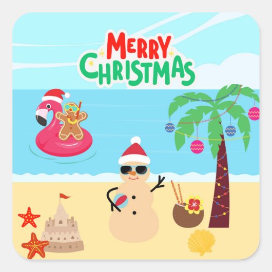 Sticker Carré Scène de Noël à la plage (Devant)