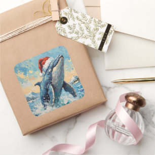 Sticker Carré Scène de Noël avec une baleine vintage portant un