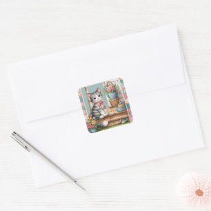 Sticker Carré Scène de patchwork floral avec un chat sur une vér