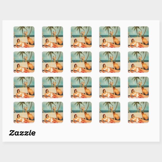 Sticker Carré Scène de plage vintage (Feuille)