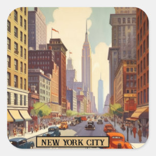 Sticker Carré Scène de rue vintage à New York City Manhattan Rét