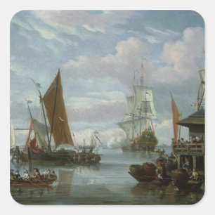 Sticker Carré Scène estuaire avec Bateaux et Pêcheur