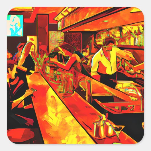 Sticker Carré Scène Fun Bar | Barman et clients (Devant)