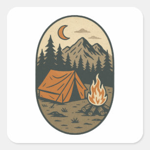 Sticker Carré Scène nocturne de camping vintage avec feu de camp