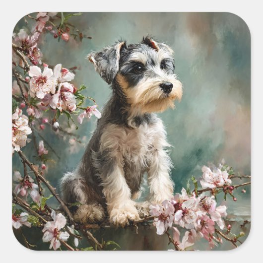 Sticker Carré Schnauzer Puppy Among Spring Cherry Blossoms (Devant)