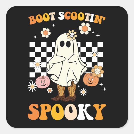 Sticker Carré Scootin super Boot Éffrayant Ghost Halloween Retro (Devant)