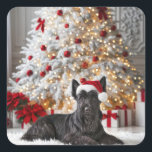 Sticker Carré Scottish Terrier By Christmas Tree<br><div class="desc">Un chien écossais de messagerie portant un chapeau de Père Noël repose sur un tapis blanc moelleux devant un sapin de Noël joliment décoré avec des lumières et des ornements rouges</div>