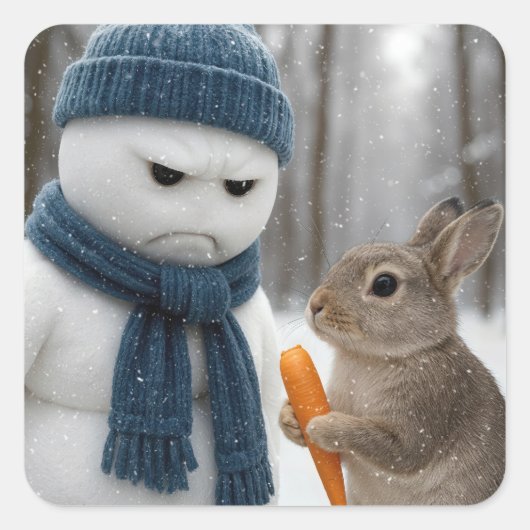 Sticker Carré Scowling Christmas Snowman With a Bunny (Devant)