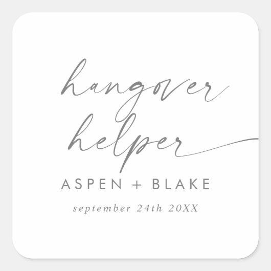 Sticker Carré Script Argent moderne Hangover Helper Wedding Favo (Devant)