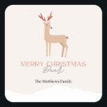 Sticker Carré Script Creamme Biege Christmas Deer & Nom de famil<br><div class="desc">Vous pouvez le Customiser.</div>
