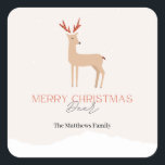 Sticker Carré Script Creamme Biege Christmas Deer & Nom de famil<br><div class="desc">Vous pouvez le Customiser.</div>