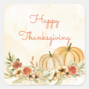 Sticker Carré Script d'aquarelle florale Citrouille Thanksgiving