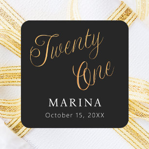 Sticker Carré Script de nom d'or noir 21e anniversaire