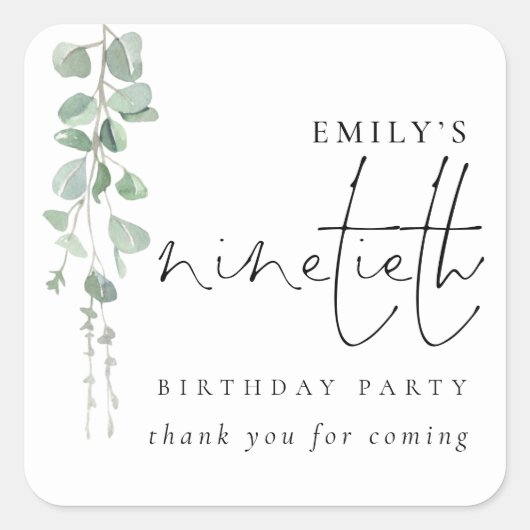 Sticker Carré Script Eucalyptus 90e Merci d'anniversaire (Devant)