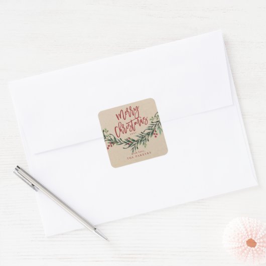 Sticker Carré Script Joyeux Noël Branche Aquarelle (Enveloppe)