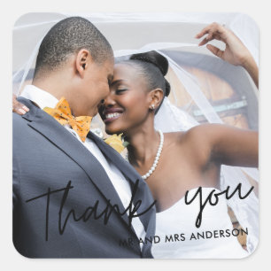 Sticker Carré Script moderne Merci photo mariage Faveur