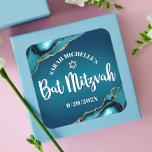 Sticker Carré Script Ombre d'agate d'or Turquoise Gras bat mitzv<br><div class="desc">Soyez fier, réjouissez-vous et présentez cette étape importante de votre Bat mitzvah préféré ! Utilisez cet autocollant cool, unique, moderne, personnalisé pour ajouter à sa journée spéciale. Script de calligraphie blanche, typographie sans serif blanche audacieuse, et une fausse étoile d'or de David superposent un turquoise bleu foncé et turquoise, un...</div>