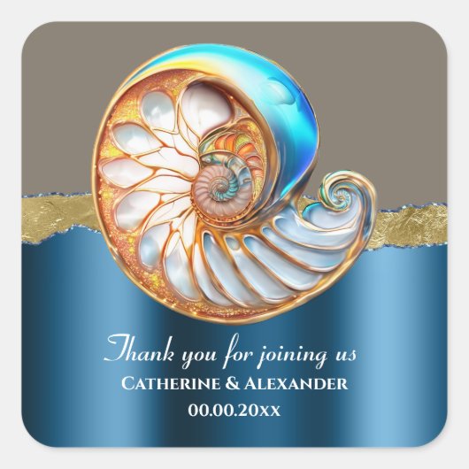 Sticker Carré Sea Blue Gold Conch Shell Thank You (Devant)
