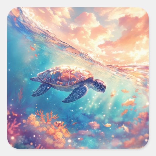 Sticker Carré Sea Turtle Swimming in Tropical Ocean (Devant)