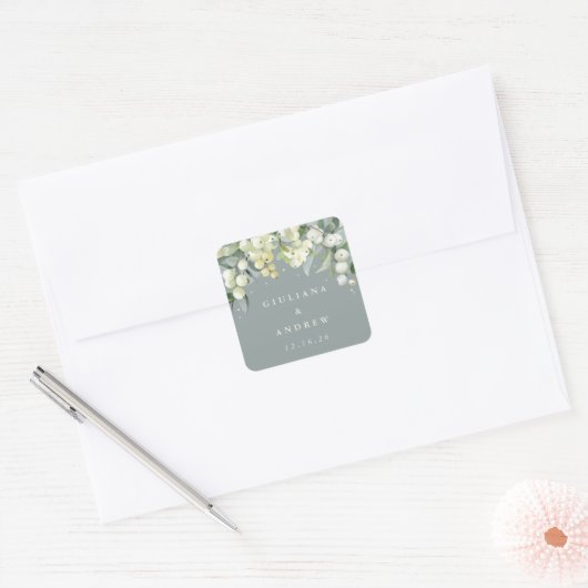 Sticker Carré Seafoam Green Snowberry+Eucalyptus Mariage (Enveloppe)