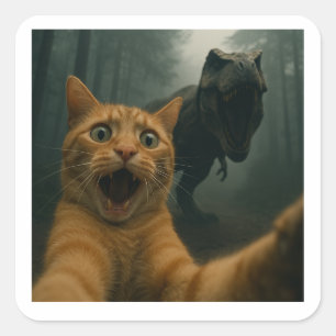Sticker Carré Selfie De Chat Avec T-Rex Dinosaur Comédie Animal